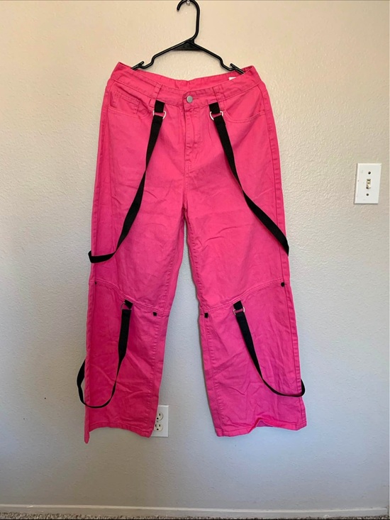 Pants - Bright Pink Cargo Pants with Black Strap Details